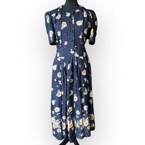 Karin Stevens Vintage 80s Navy Blue Floral Puff Sleeve Button Front Dress Sz 14P